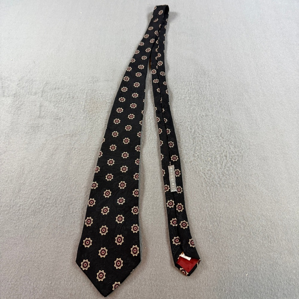 Claiborne Mens Silk Necktie Black Medallion Geometric Floral Print Made in USA